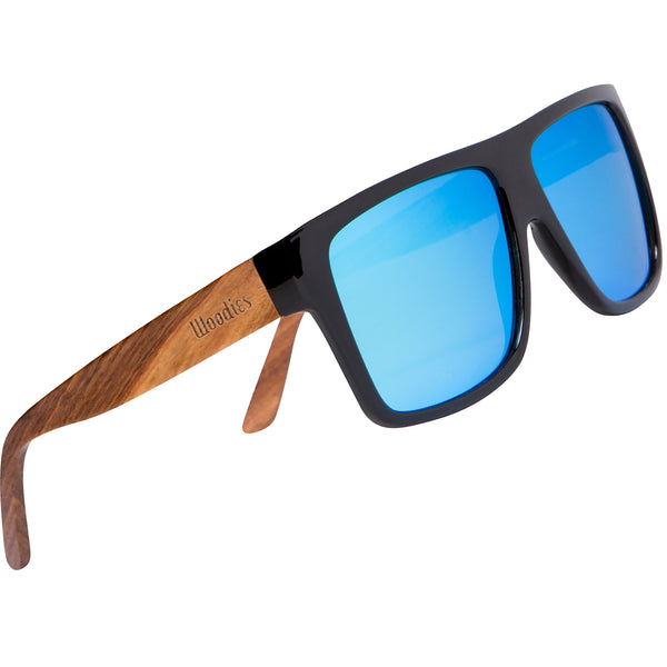 Zebra Wood Wrap Sunglasses with Polarized Ice Blue Lenses