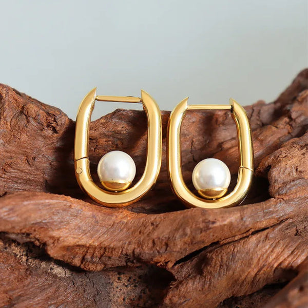 U-Shaped Pearl Hoop Earrings