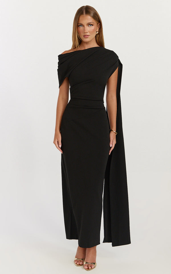 Visenta Midi Dress - Asymmetrical Sleeve Dress in Black