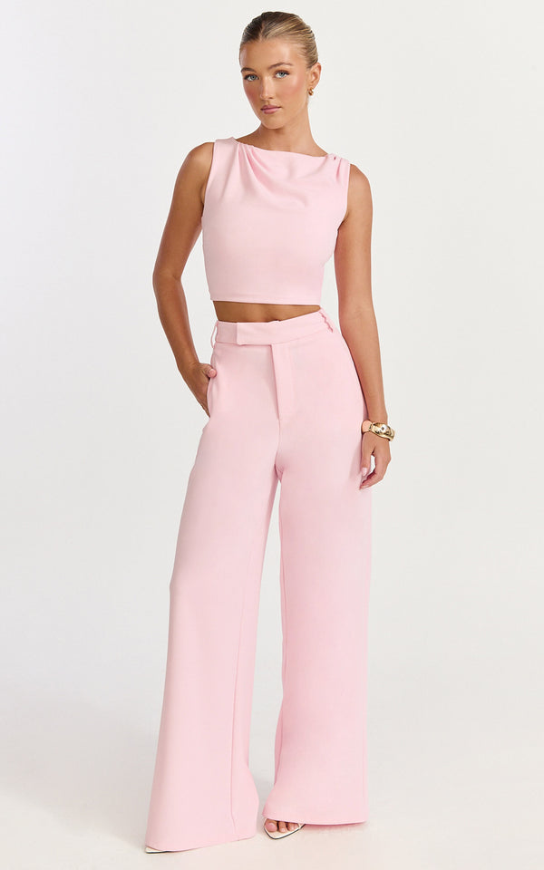 Helen Two Piece Set - Crepe Twisted Top And Wide Leg Pants in Pink