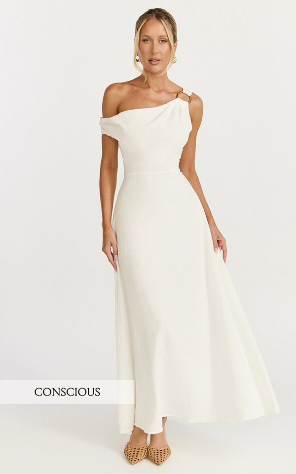 Amber Midi Dress - Off The Shoulder Hardware Detail A Line Dress in White